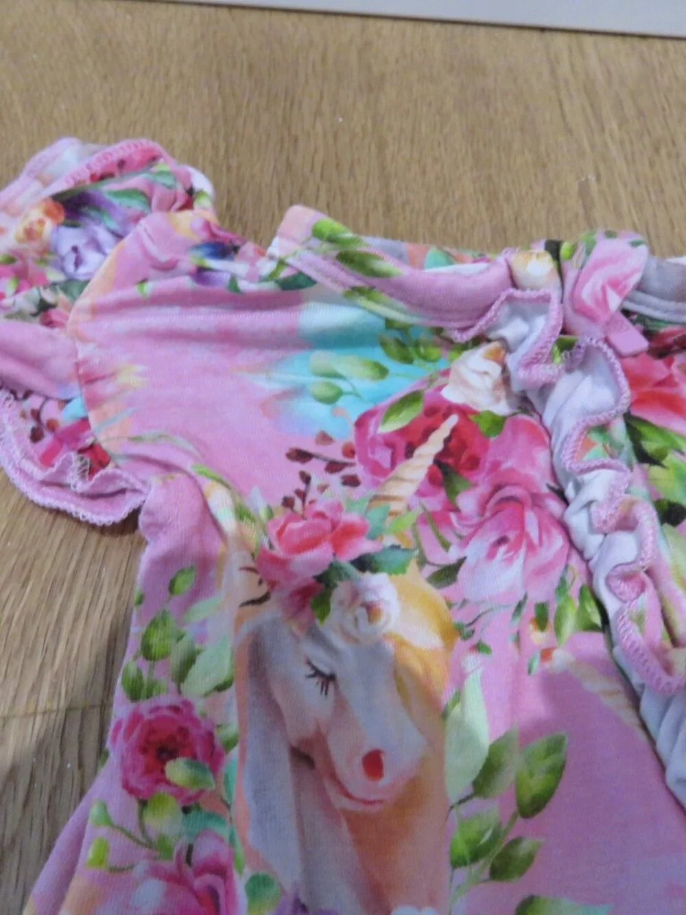 LITTLE BUM BUMS Horn to be Wild Unicorn Ruffle Baby Romper Bamboo 6-9 Months
